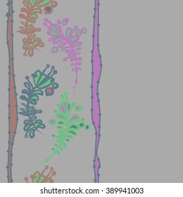 Seamless pattern, doodles,  branches, leaves,stamens, ellipses,vertical, stripes, copy space. Hand drawn.
