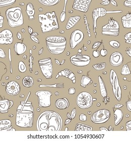 Seamless pattern with doodles breakfast icons. Vector hand drawn illustration.