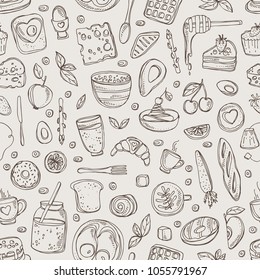 Seamless pattern with doodles breakfast icons. Vector hand drawn illustration.