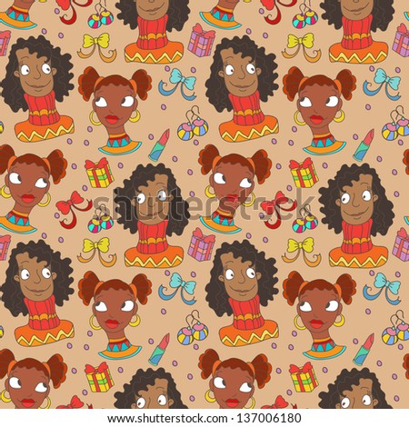 seamless pattern doodles broun girls and holiday boxes