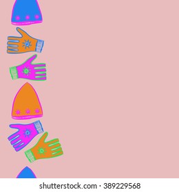 Seamless pattern, doodles,  caps, snowflakes, mittens,knitted, object,  copy space, vertical. Hand drawn.