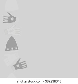 Seamless pattern, doodles,  caps, snowflakes, mittens,knitted, object,  copy space, vertical. Hand drawn, winter theme.