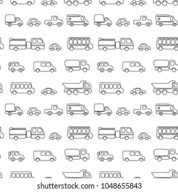 Seamless pattern of doodles cars. Vector black and white background in cartoon style. Can be used for children wallpapers, web site background or wrapping paper.