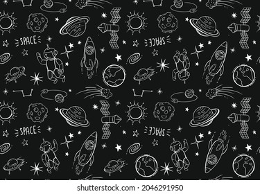 Seamless pattern with doodles cartoon set of space on black background.