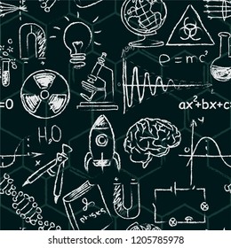 Seamless pattern with doodles of chalk icons on scientific subjects.