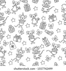 Seamless pattern with doodles christmas gifts and funny mice - symbol of 2020, coloring page for kids and adults