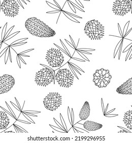 Seamless pattern with doodles of Christmas tree branches with cones