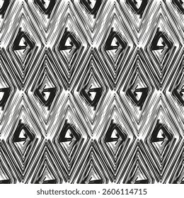 Seamless pattern with doodles collected in a geometric design. Lines drawn with pen, ink, paint.