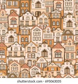 Seamless pattern with doodles colored Scandinavian houses. Vector background. Brown color shades .