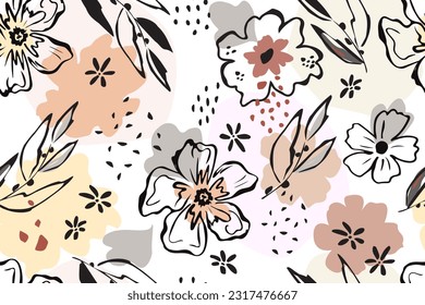 Seamless pattern of doodles of contours of flowers and leaves. Trendy botanical background. Abstract flowers, silhouettes of leaves, spots, dots. Hand drawing. Vector illustration