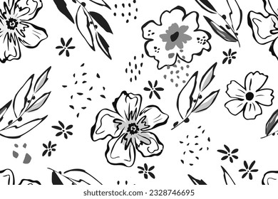 Seamless pattern of doodles of contours of flowers and leaves. Trendy botanical background. Abstract flowers, silhouettes of leaves, spots, dots. Hand drawing. Vector illustration