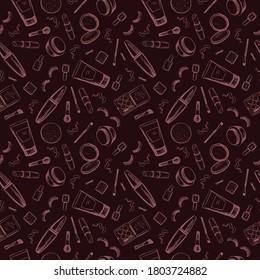 Seamless pattern from doodles of cosmetic cream, lipstick, powder, eye shadow...
