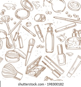 Seamless pattern from doodles of cosmetic cream, lipstick, powder, eye shadow...