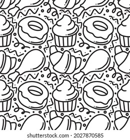 seamless pattern doodles of delicious food, cupcakes, croissant, donuts, chicken drumstick on white background