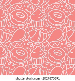 seamless pattern doodles of delicious food, cupcakes, croissant, donuts, chicken drumstick on red background