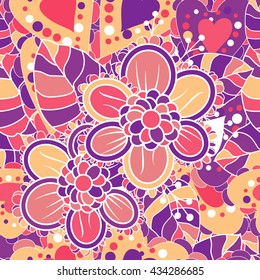 Seamless pattern with doodles elements for design. multicolor flowers, leaves and hearts.