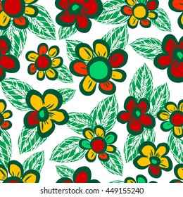 Seamless pattern with doodles elements for design. multicolored flowers, leaves