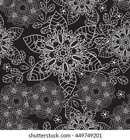 Seamless pattern with doodles elements for design. black and white flowers, leaves