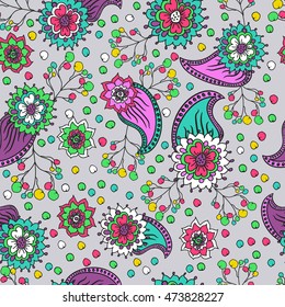 Seamless pattern with doodles elements for design. multicolored flowers, leaves
