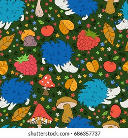 Seamless pattern with doodles elements for design. multicolored elements of the  Hedgehog, berry, leaf, mushroom and paw track