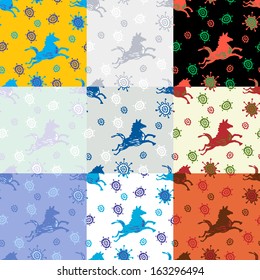 seamless pattern doodles ethnic horse nine color styles 