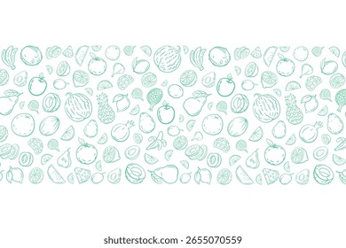 Seamless Pattern of Doodles Featuring Various Fruits on White Background