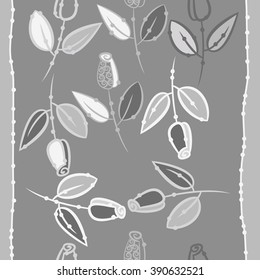 Seamless pattern, doodles, floral theme, leaves, branches, buds, spirals,  vertical stripes. Hand drawn.