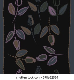 Seamless pattern, doodles, floral theme, leaves, branches, buds, spirals,  vertical stripes. Hand drawn.