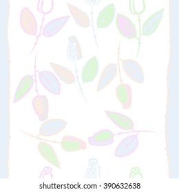 Seamless pattern, doodles, floral theme, leaves, branches, buds, spirals,  vertical stripes. Hand drawn.