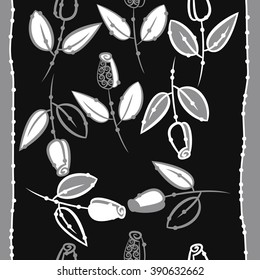 Seamless pattern, doodles, floral theme, leaves, branches, buds, spirals,  vertical stripes. Hand drawn.