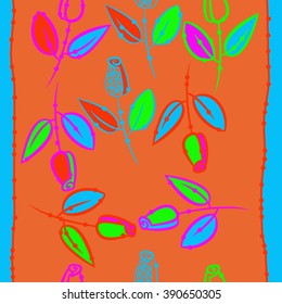 Seamless pattern, doodles, floral theme, leaves, branches, buds, spirals,  vertical stripes. Hand drawn.