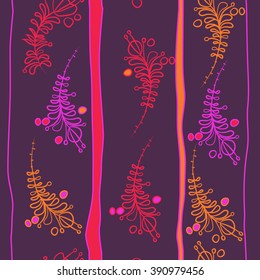 Seamless pattern, doodles, floral theme, leaves, branches, stamens,  vertical stripes. Hand drawn.
