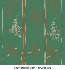 Seamless pattern, doodles, floral theme, leaves, branches, stamens,  vertical stripes. Hand drawn.