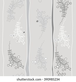 Seamless pattern, doodles, floral theme, leaves, branches, stamens,  vertical stripes. Hand drawn.