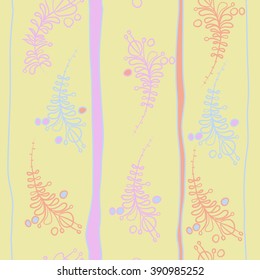 Seamless pattern, doodles, floral theme, leaves, branches, stamens,  vertical stripes. Hand drawn.
