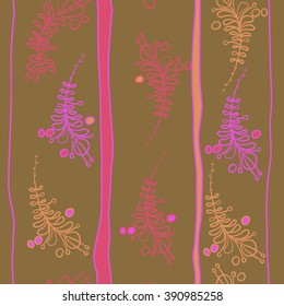 Seamless pattern, doodles, floral theme, leaves, branches, stamens,  vertical stripes. Hand drawn.