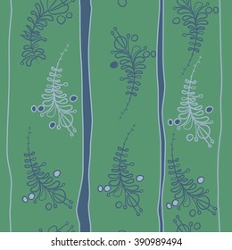 Seamless pattern, doodles, floral theme, leaves, branches, stamens,  vertical stripes. Hand drawn.