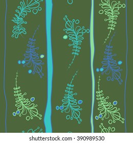 Seamless pattern, doodles, floral theme, leaves, branches, stamens,  vertical stripes. Hand drawn.