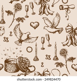 Seamless pattern with doodles of  flying pigeons, candles, roses, ribbons, letter and presents. 