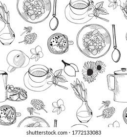 Seamless pattern of doodles food elements on white background. Background with breakfast healthy breakfast Cereal granola, tea, teapot and fresh smoothie. 