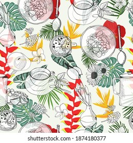 Seamless pattern of doodles food elements on tropical flower background. Healthy breakfast menu Cereal granola, tea, teapot and fresh smoothie. 