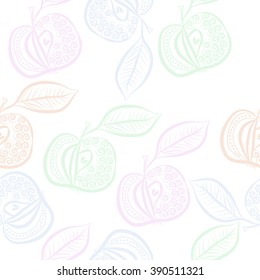 Seamless pattern, doodles, fruits, apples, leaves, spirals. Hand drawn.