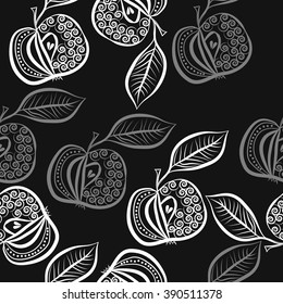Seamless pattern, doodles, fruits, apples, leaves, spirals. Hand drawn.