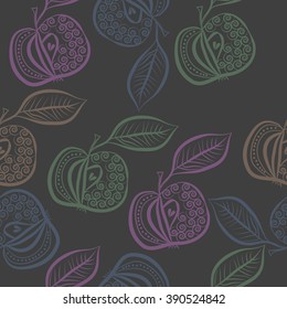 Seamless pattern, doodles, fruits, apples, leaves, spirals. Hand drawn.