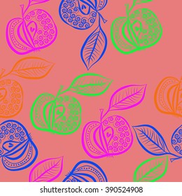Seamless pattern, doodles, fruits, apples, leaves, spirals. Hand drawn.