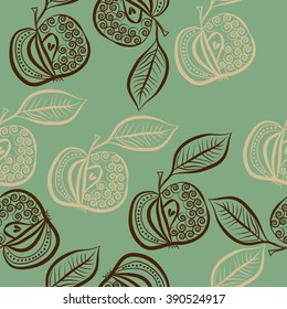 Seamless pattern, doodles, fruits, apples, leaves, spirals. Hand drawn.