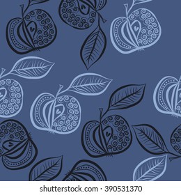 Seamless pattern, doodles, fruits, apples, leaves, spirals. Hand drawn.