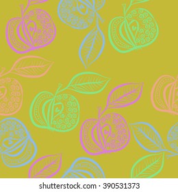 Seamless pattern, doodles, fruits, apples, leaves, spirals. Hand drawn.