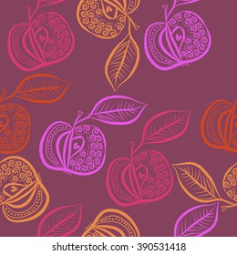 Seamless pattern, doodles, fruits, apples, leaves, spirals. Hand drawn.
