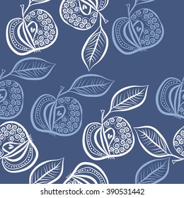 Seamless pattern, doodles, fruits, apples, leaves, spirals. Hand drawn.